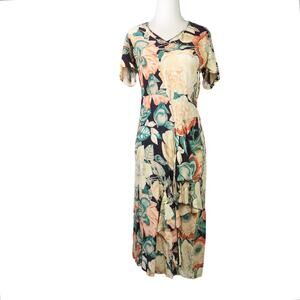 Vintage 90s All That Glitters black and pale yellow floral midi dress S